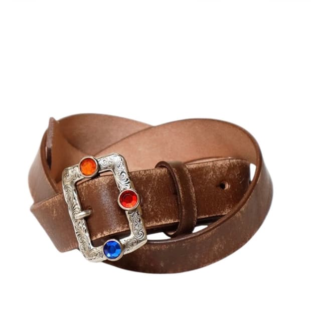 캐피탈 오일드 레더 스터드 디스코 버클 벨트 브라운