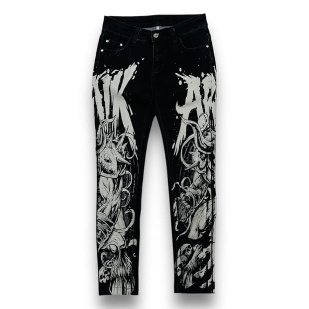 펑크 타투 킹 GOAT 스키니 다크 진 팬츠