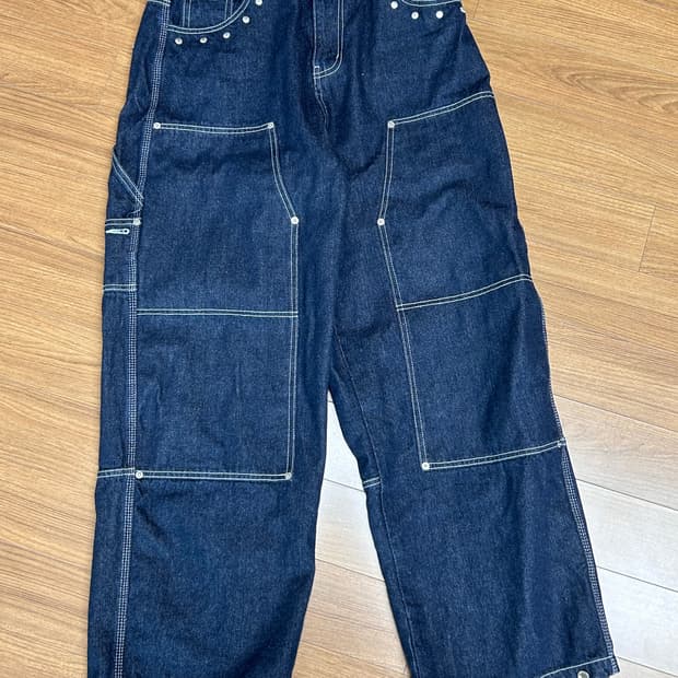 플레이버리즘 카펜터 와이드 배기 진 딥 인디고