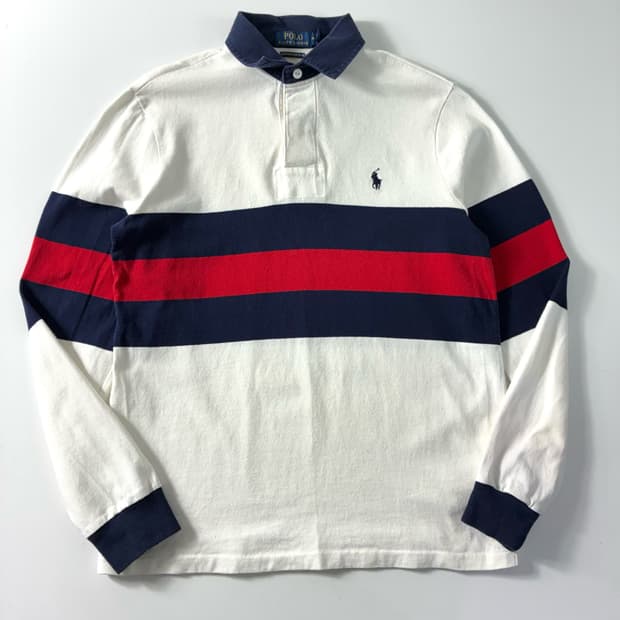 Polo 폴로 랄프로렌 자수 코튼 화이트 스트라이프 카라 티셔츠