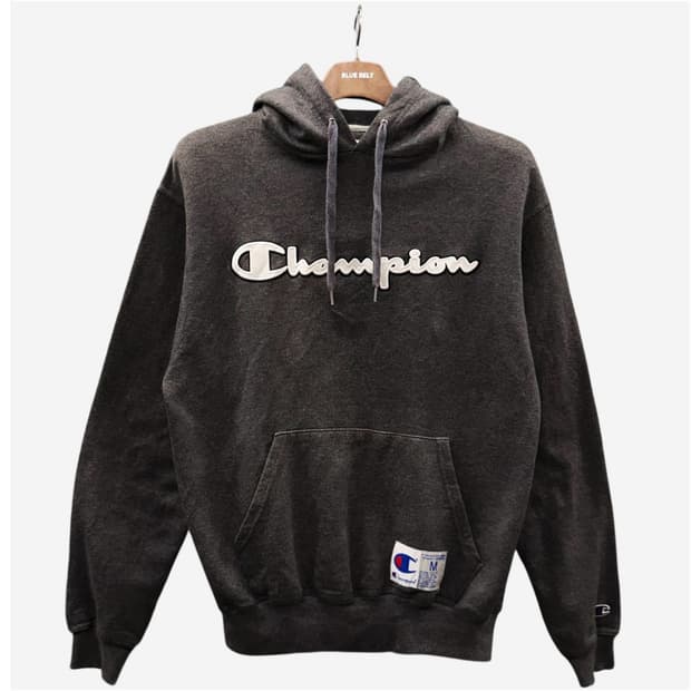 챔피온 레터링 후드티 엠보싱 로고 라벨 패치 디테일 차콜