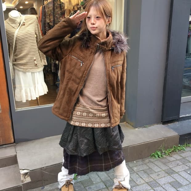 🤎브라운 퍼후드 무스탕 코디🤎