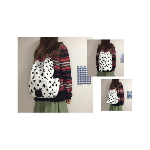 빈티지 화이트 별 무늬 후드 털 백팩