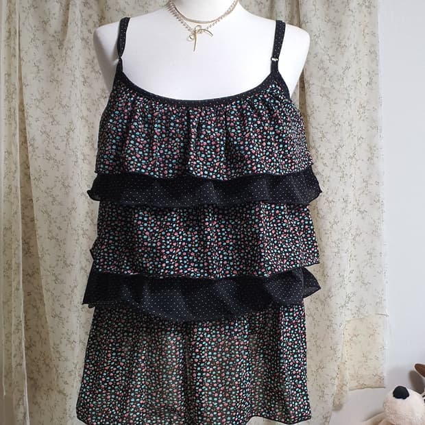 [일본빈티지] 플라워 프린트 레이어드 끈 나시 원피스