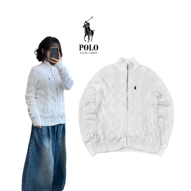 폴로 신형 포니 꽈배기 니트집업 화이트