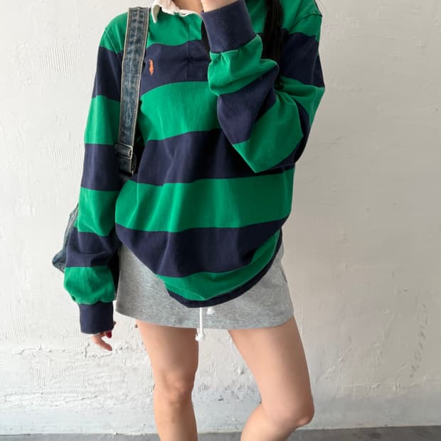 Polo 폴로 랄프로렌 QR라벨 오렌지포니 그린/네이비 단가라 럭비 셔츠