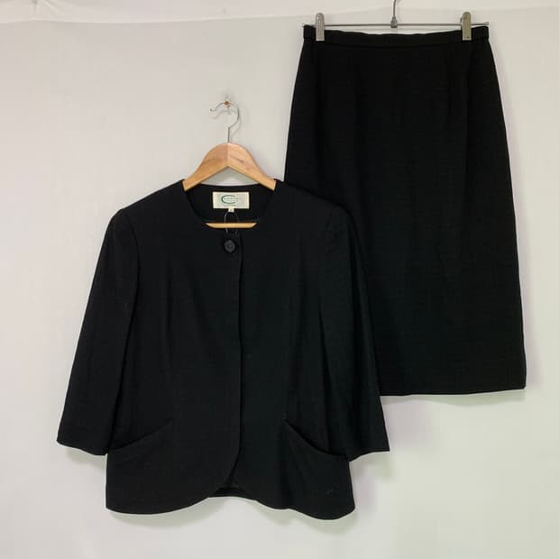 까르벵 노카라 블레이저 자켓 미디 스커트 투피스 정장 셋업 블랙