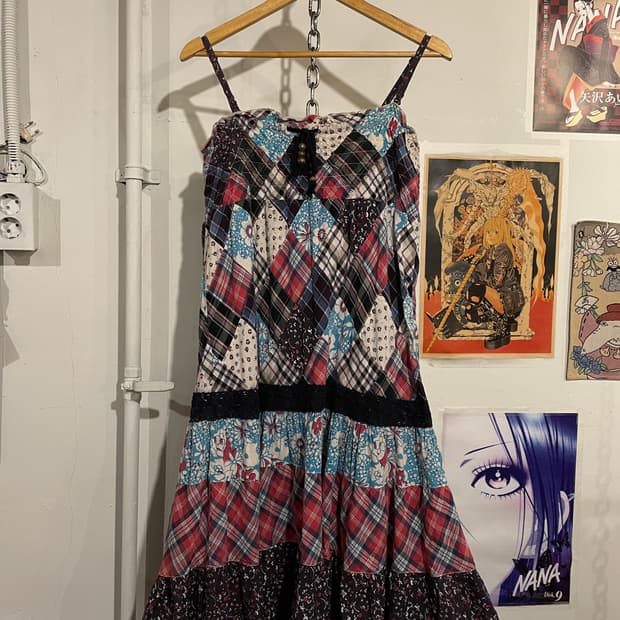 체크 플라워 패치워크 나시 원피스 모리 하구미