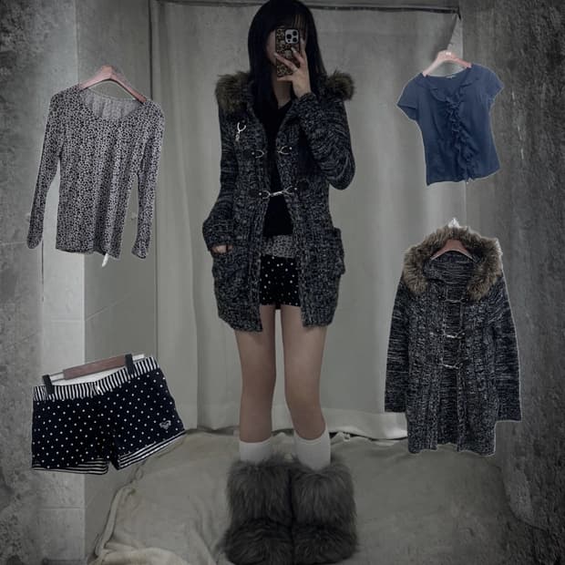 도트 니혼진 무채색 레오파드 갸루 코디세트 