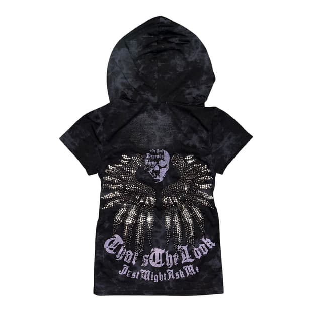 스터드 날개 나염 프린팅 반팔 후드티 펑크y2k갸루