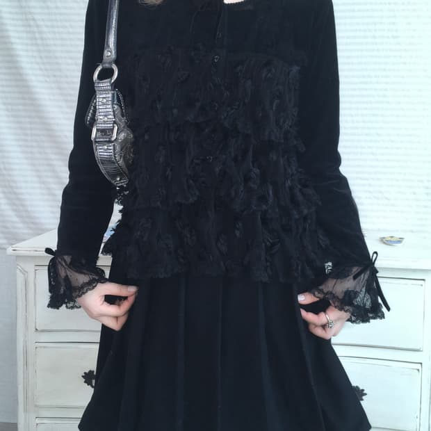 black velour fringe lace cancan blouse