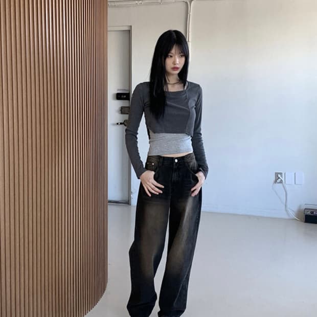 원더원더 절개 트임 기모 크롭 레이어드 긴팔 티셔츠