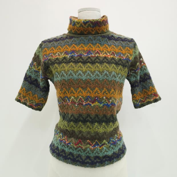 빈티지 컬러믹스 지그재그 반폴라 반팔니트