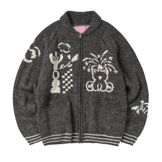 꼬모니노즈 GRAPHIC KNIT CARDIGAN_CHARCOAL, L