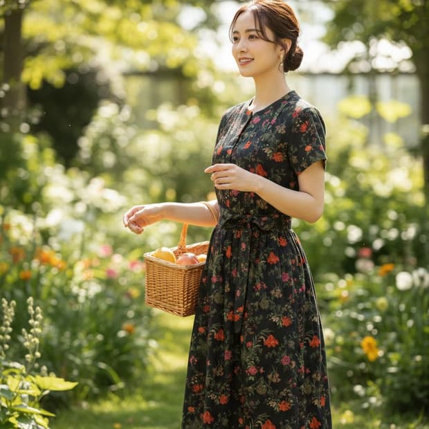 플라워 롱 프린트 원피스 반팔 허리끈 블랙 벨트