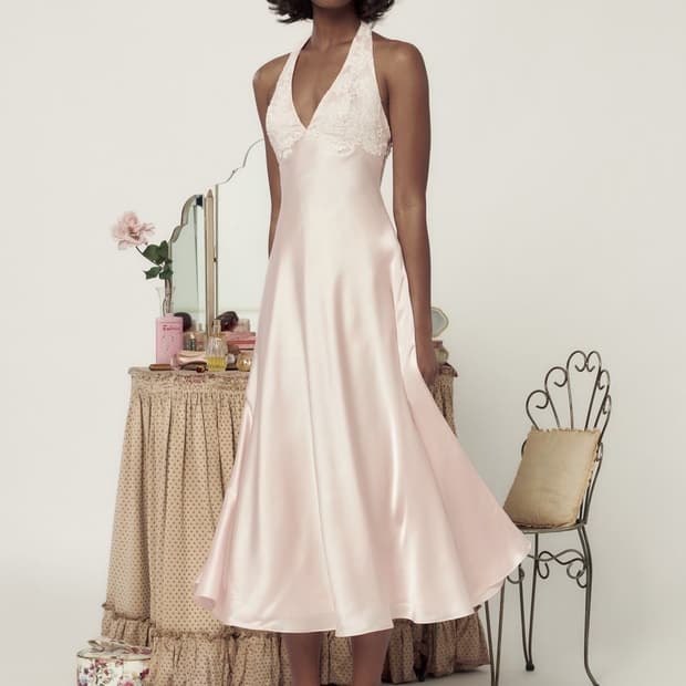 미러 팔레 핑크 레이스 홀터넥 실크 롱 원피스 셀프웨딩스냅브라이덜샤워