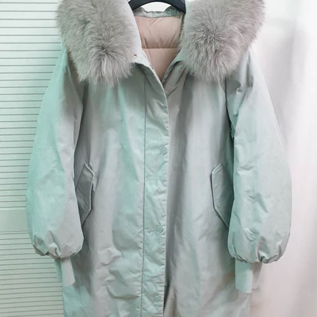 빈폴 레이디스 라이트 그린 A라인 폭스퍼 소피 다운 패딩