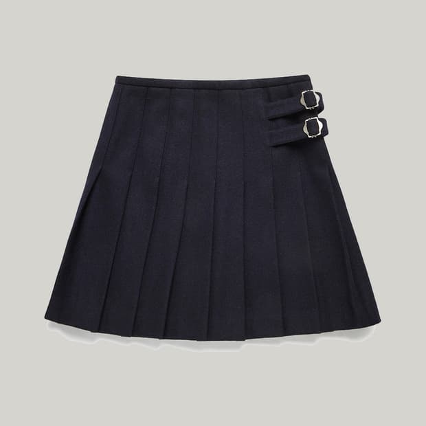 던스트 버클 플리츠 스커트 솔리드 네이비
