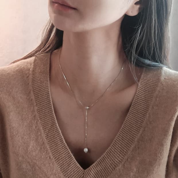진주 드랍 Y 실버 목걸이