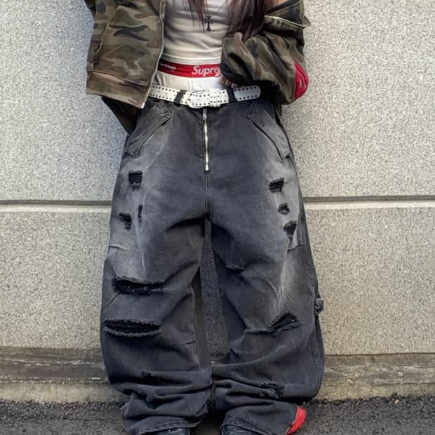 [unisex] 크러시 블랙 디스트로이드 흑청 와이드 pts