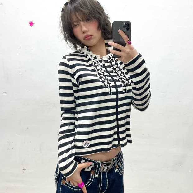 Stripe Shirring Crop Hooded Zip-Up 
