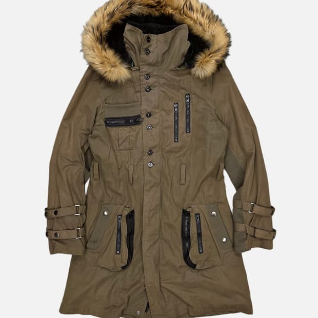 khaki fur hood long parka