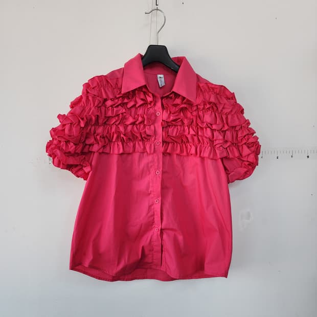 HR 자수 핑크 프릴 반팔 블라우스