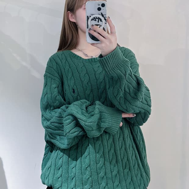 폴로 그린 포니 오버핏 꽈배기 니트