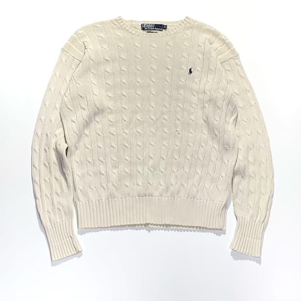 폴로 화이트 코튼 케이블 니트