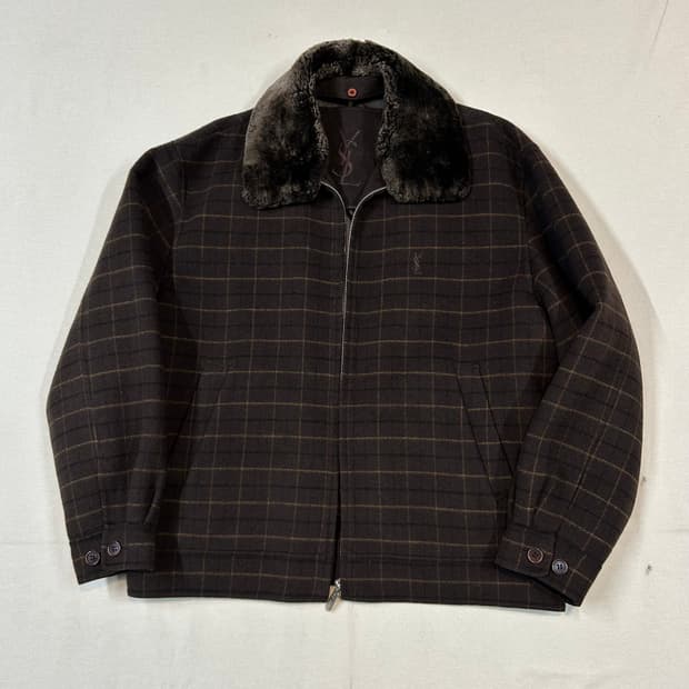 L) YSL 입생로랑 브라운 양털 퍼 울 코트 자켓