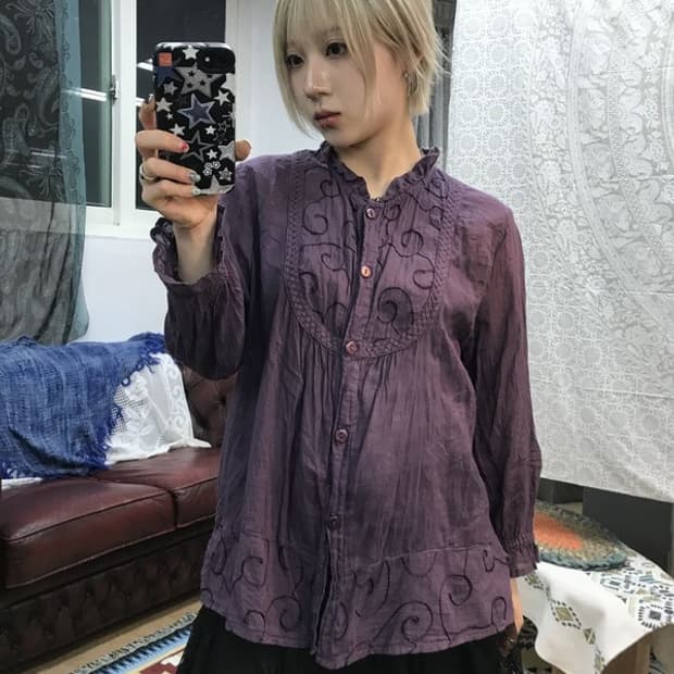 제페니즈 빈티지 여성 패턴 퍼플 7부 블라우스