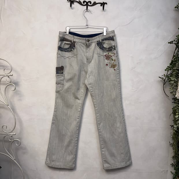 Gray denim oriental detail wide pants