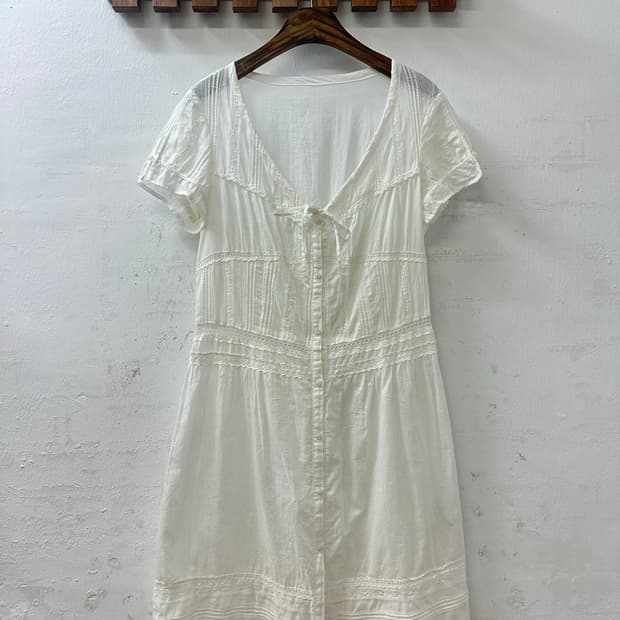 일본빈티지 화이트 레이스 디테일 코튼 100% 블라우스 원피스