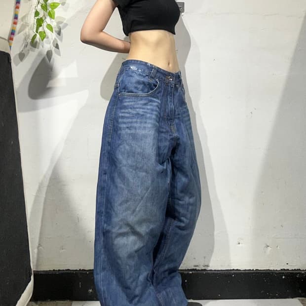 00s 로카웨어 R 자수 포인트 올드스쿨 힙합 바지 와이드 데님 팬츠 