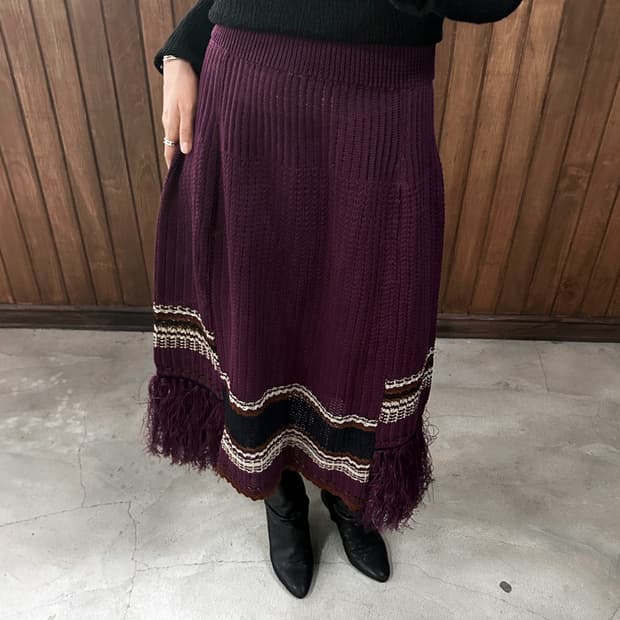 LENZ plum fringe knit skirt