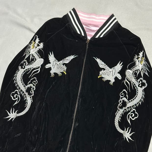 빈티지 독수리 호랑이 자수 리버시블 스카쟌