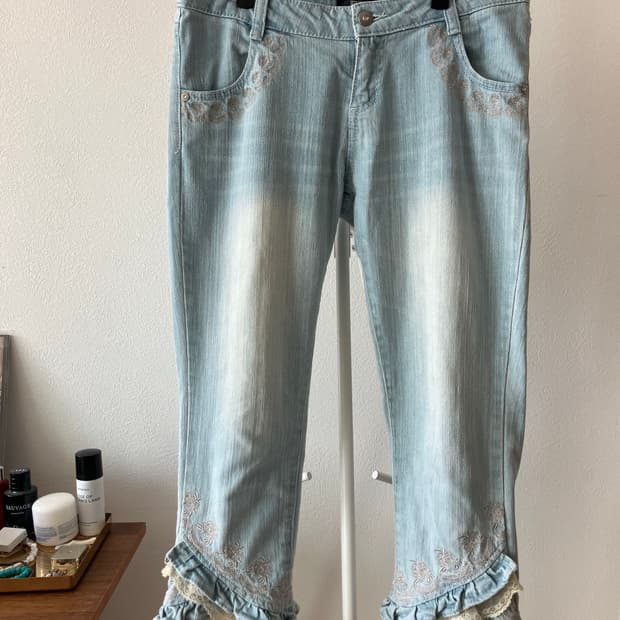 일본빈티지 Ryuryu 밑단 레이스 러플 장식 카프리팬츠 7부바지