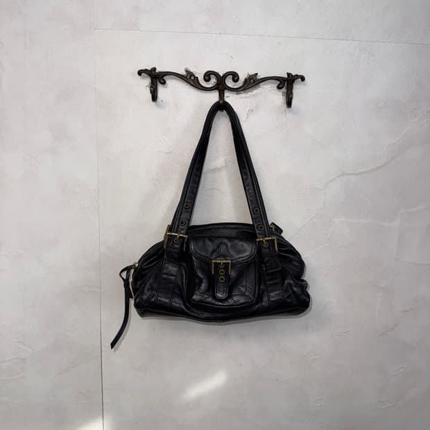 Black stud buckle pocket shoulder bag