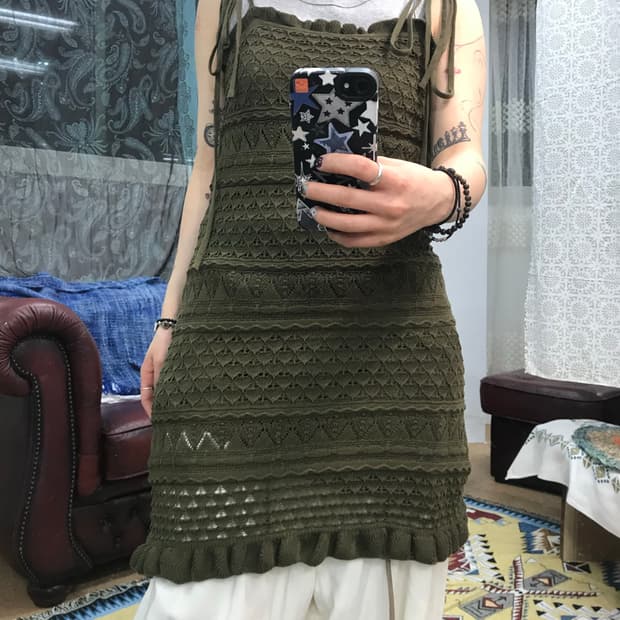 제페니즈 빈티지 여성 펀칭 니트 롱 민소매 원피스 (Z1004)