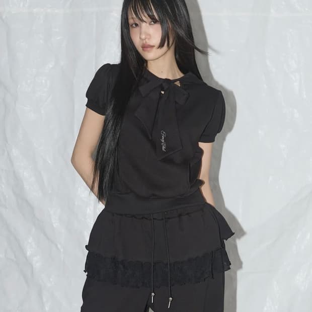 네스티 팬시클럽 퍼프 라운드 스카프 후디 반팔 블랙