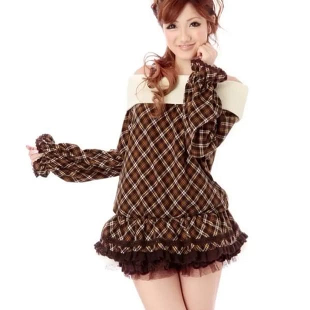 대대장!) 리즈리사 라떼갸루 히메갸루 체크 초코 오프숄더 원피스