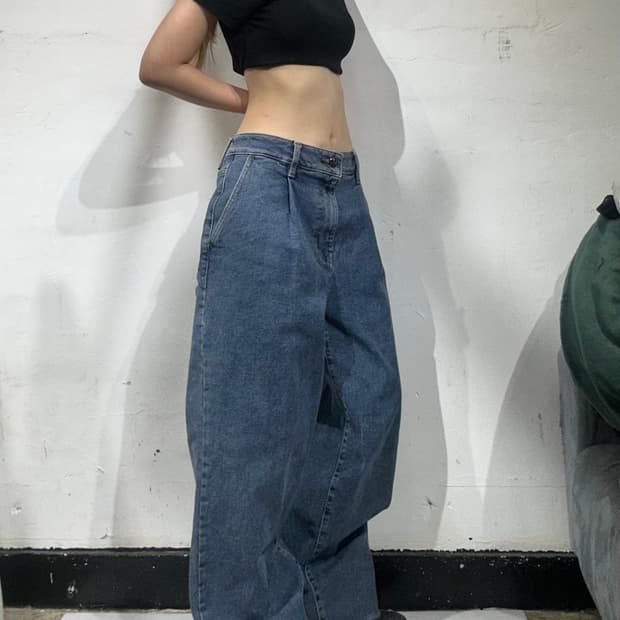 게스 중청 와이드 핀턱 벌룬핏 청바지 데님 청바지