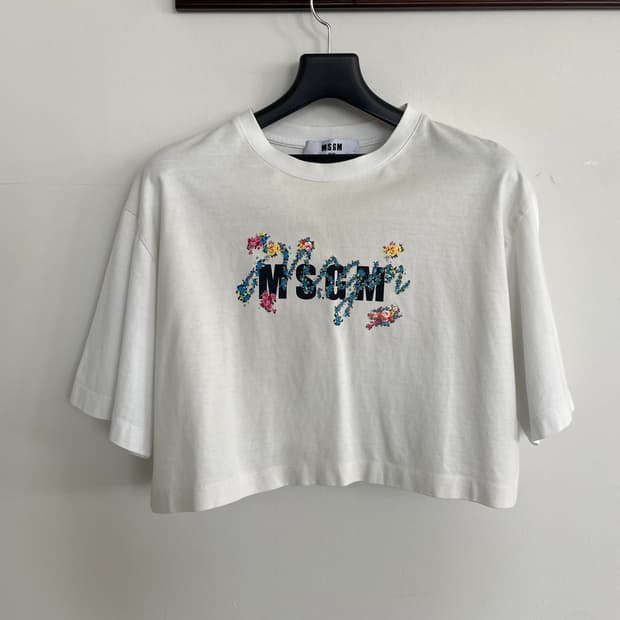 MSGM 여성 M,66 로고 화이트 크롭 반팔 티셔츠