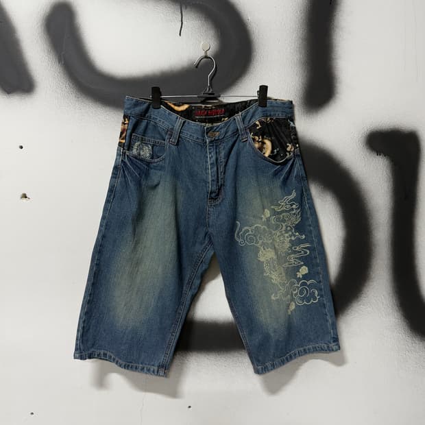 VTG 빈티지 재패니즈 오리엔탈 카라쿠리맛 데님 쇼트 팬츠