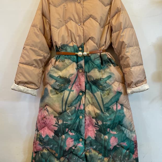 수입 플라워 오리털 덕다운롱패딩 여성롱패딩 꽃무늬패딩점퍼:) 하객룩연말룩