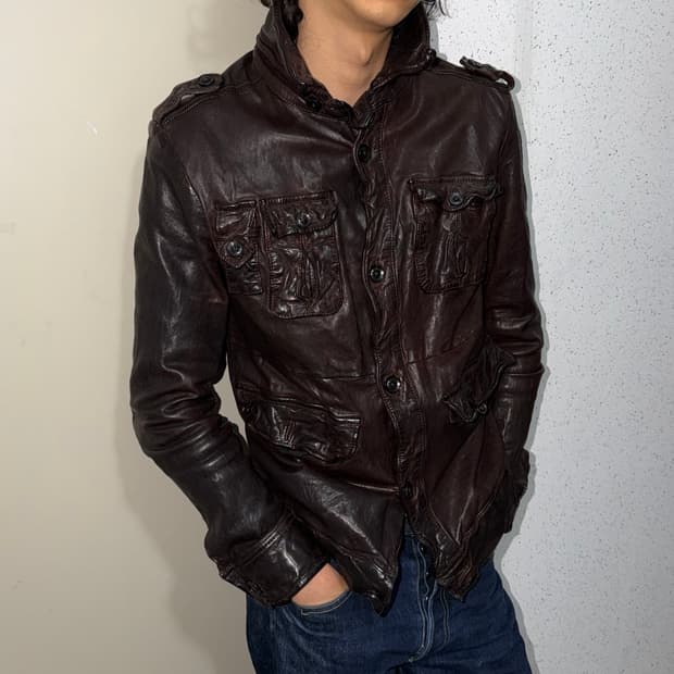 크링클 하이넥 레더 필드 자켓