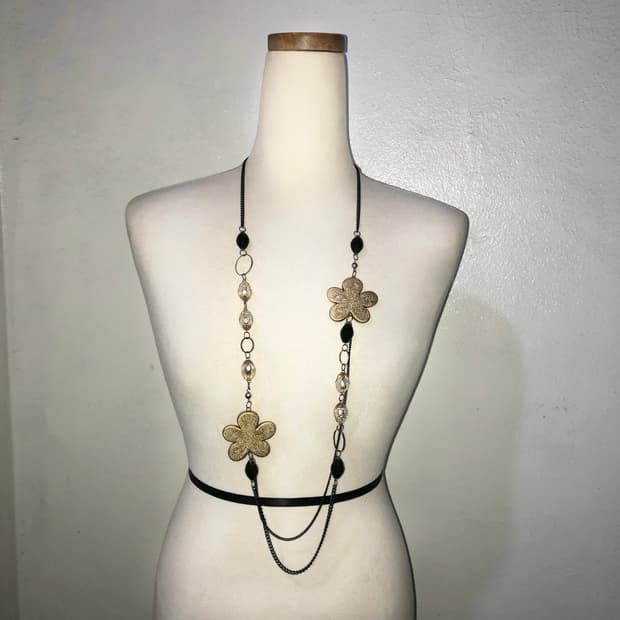 빈티지 골드 블랙 플라워 레이어드 롱목걸이 페어리 오리엔탈 갸루 펑크