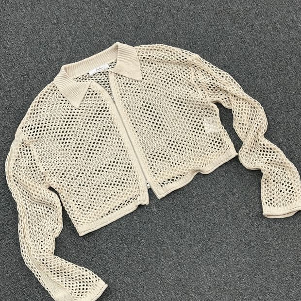 L)Linoluce 빈티지 여성 메쉬 카라 니트집업