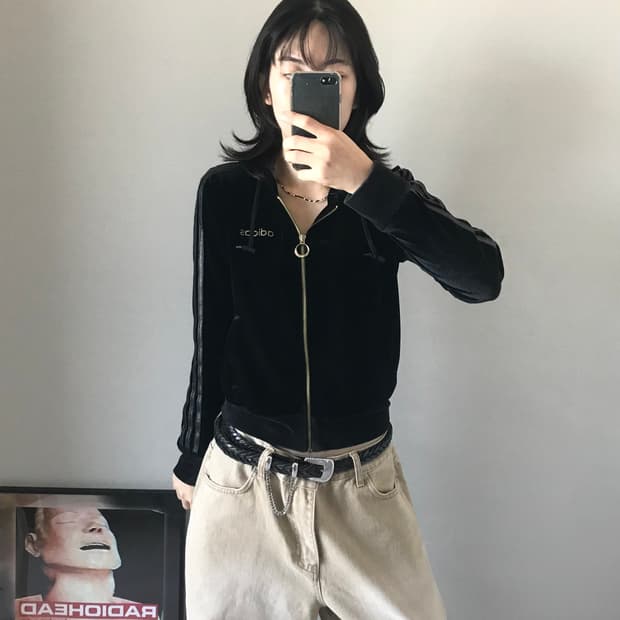 아디다스 00년대 올드스쿨 벨벳 사이드라인 후드집업