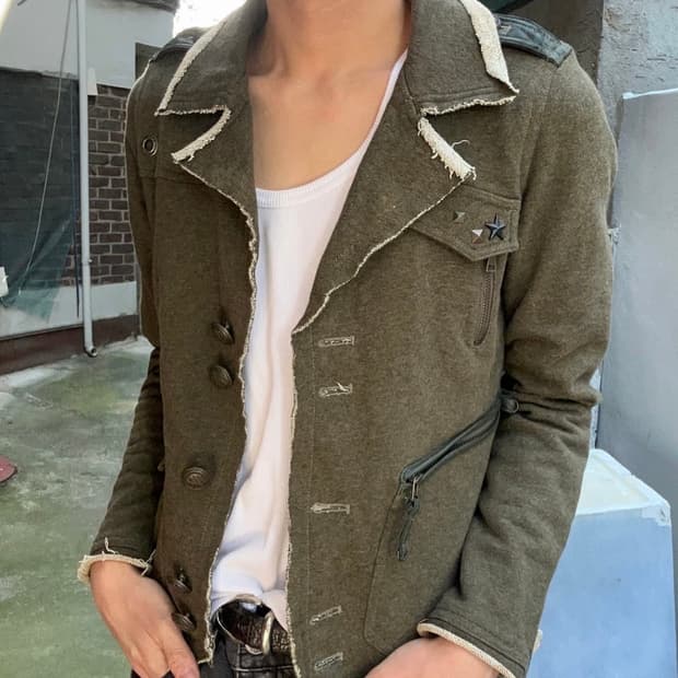 빈티지 푸부 펑크 카키 코튼 디테일 라이더 집업 자켓